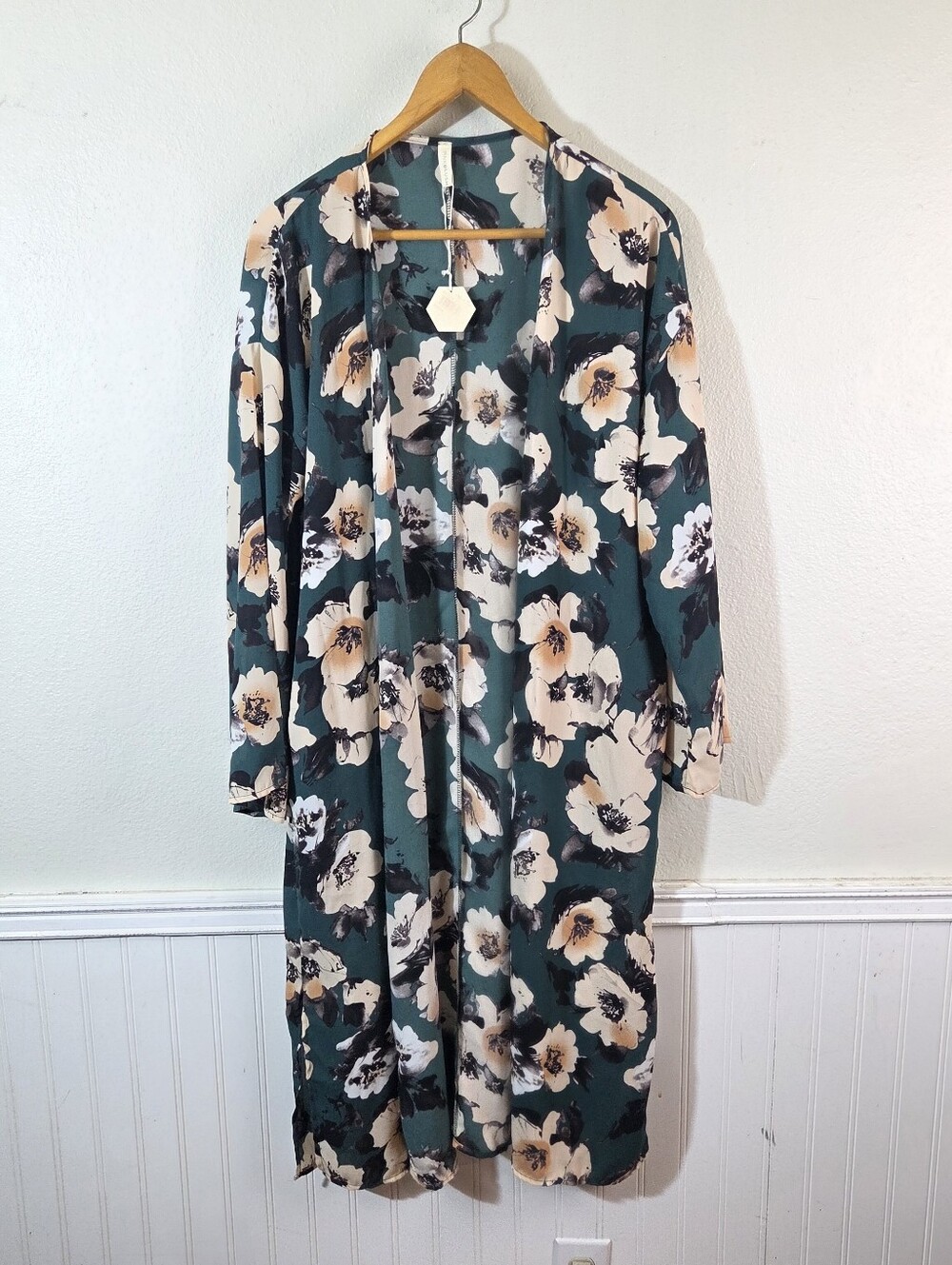 Pink Blush Womens Medium Green Floral Duster Kimono Open Front Long Sleeve Boho